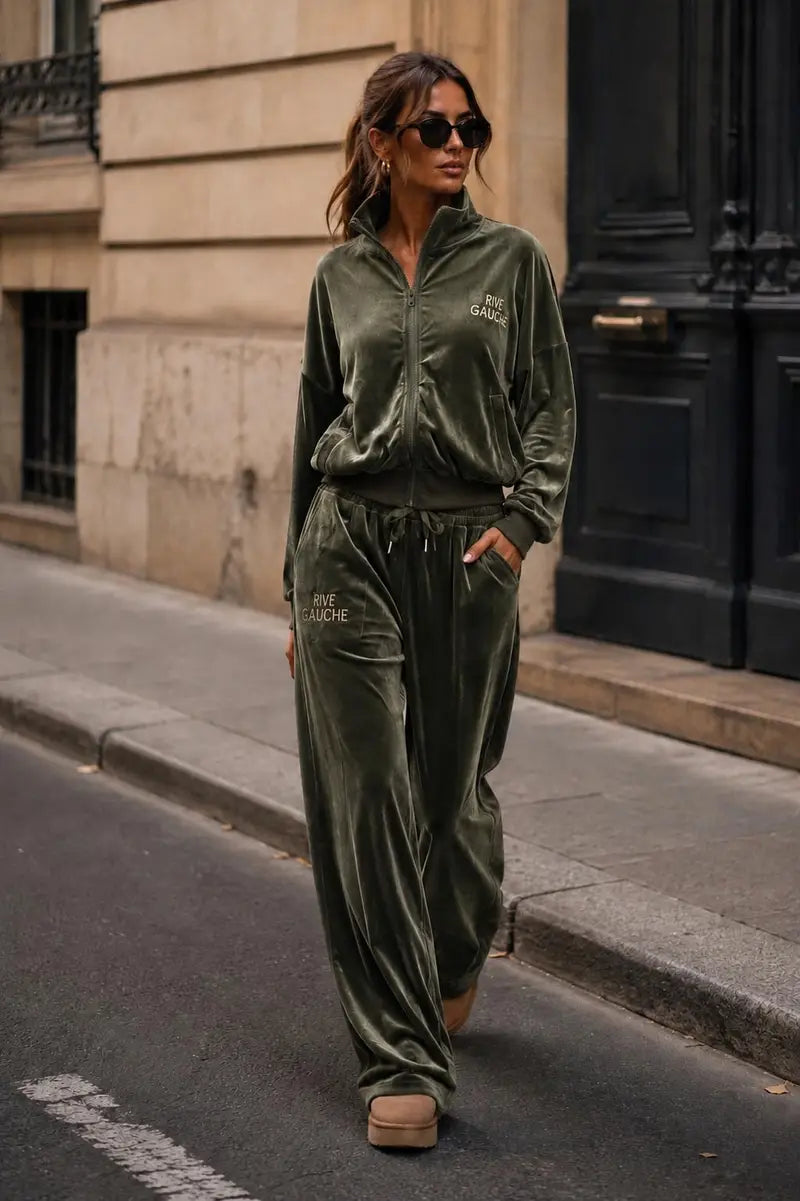 Rive Gauche Velvet Set met Wide Leg Broek – Khaki
