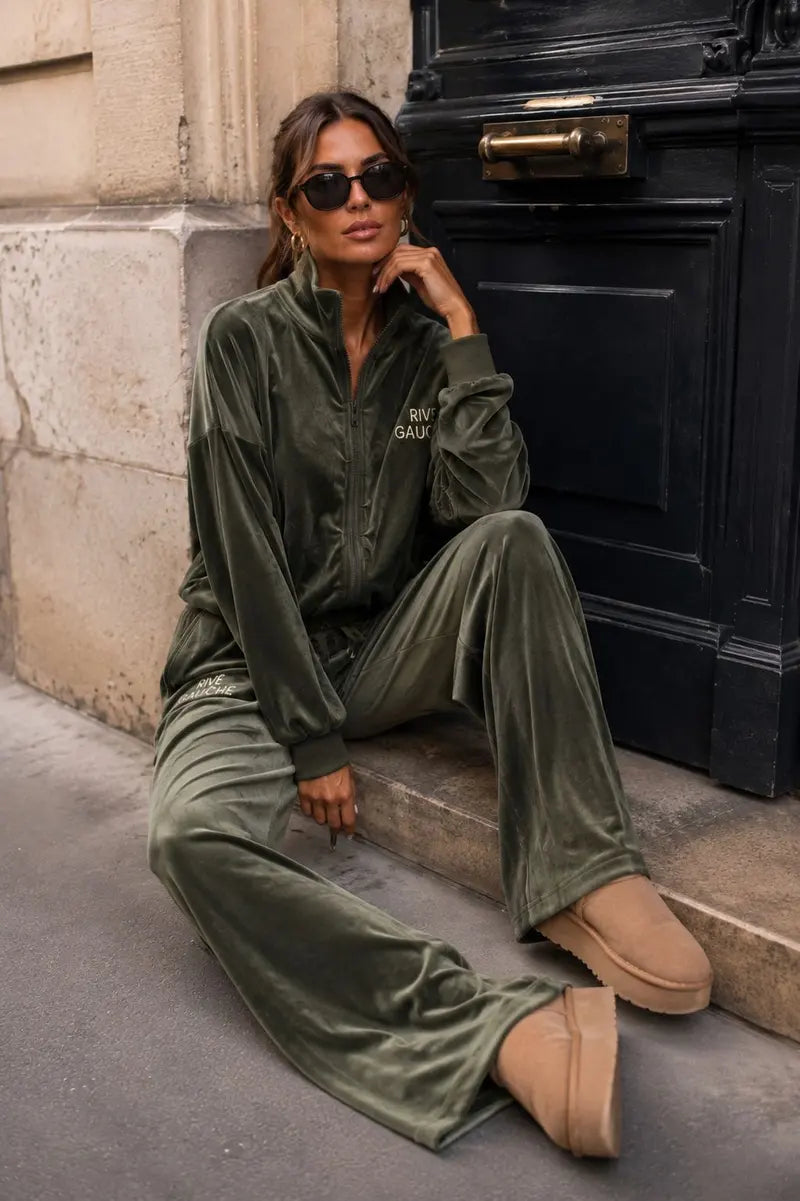 Rive Gauche Velvet Set met Wide Leg Broek – Khaki