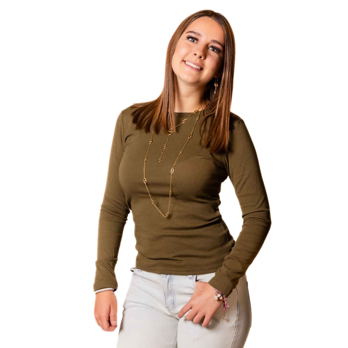 Mila Basic Longsleeve – Ronde hals – Khaki