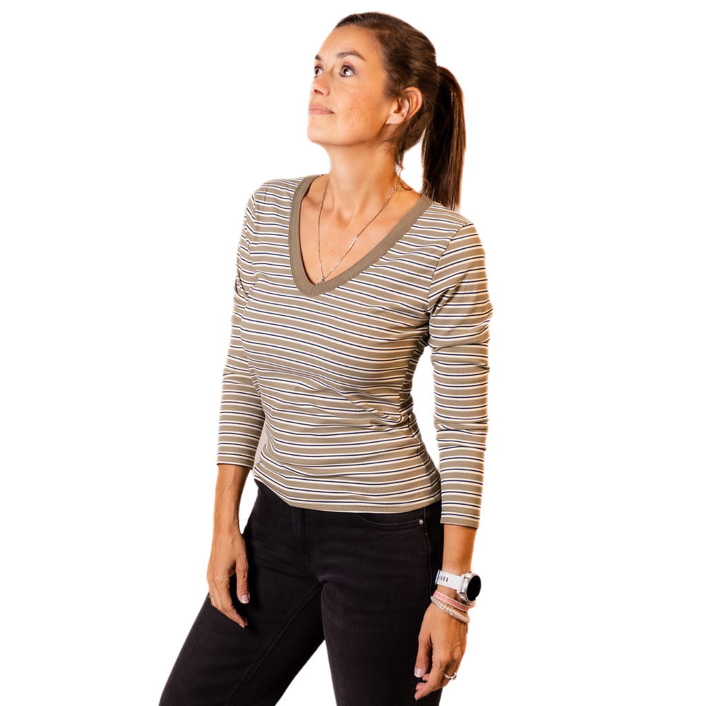 Tess gestreepte V-hals top – Khaki
