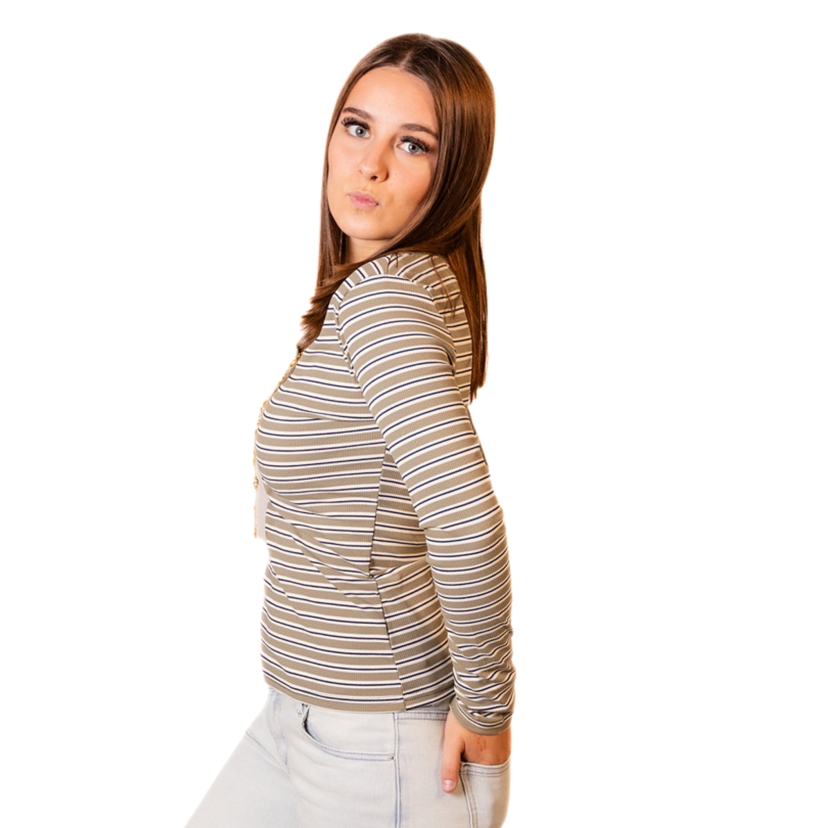 Tess gestreepte V-hals top – Khaki