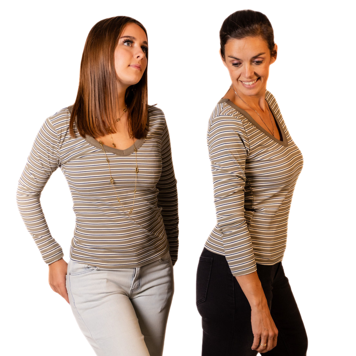Tess gestreepte V-hals top – Khaki