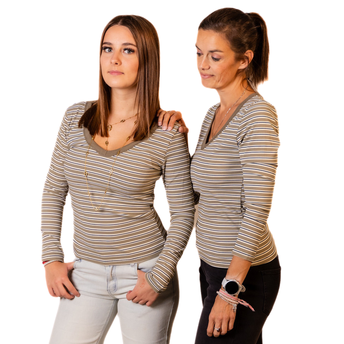 Tess gestreepte V-hals top – Khaki