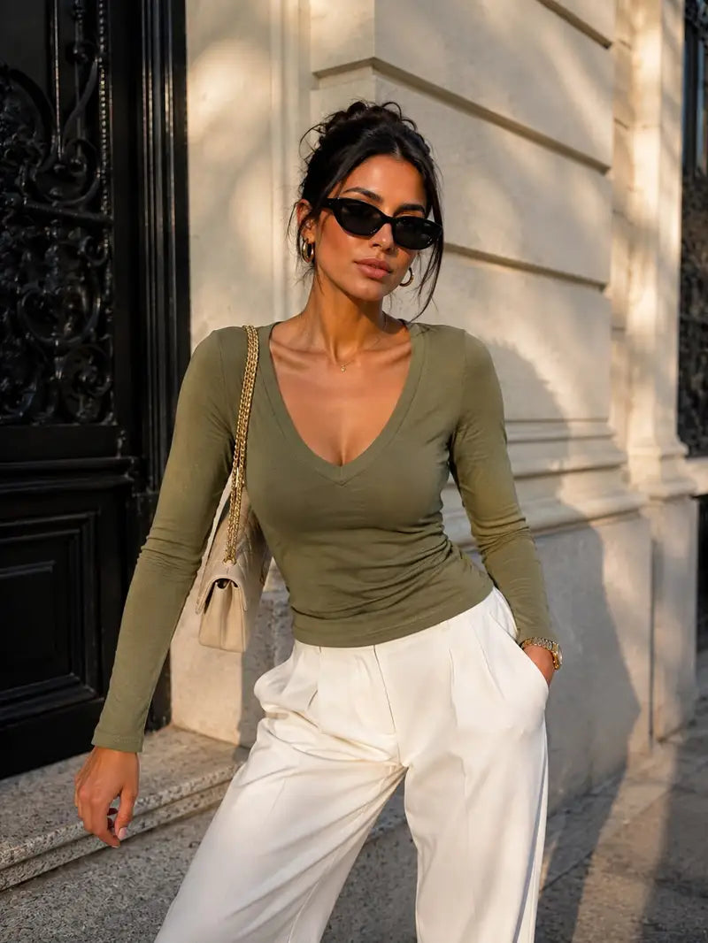 Noa V-hals longsleeve – Khaki, foto 1