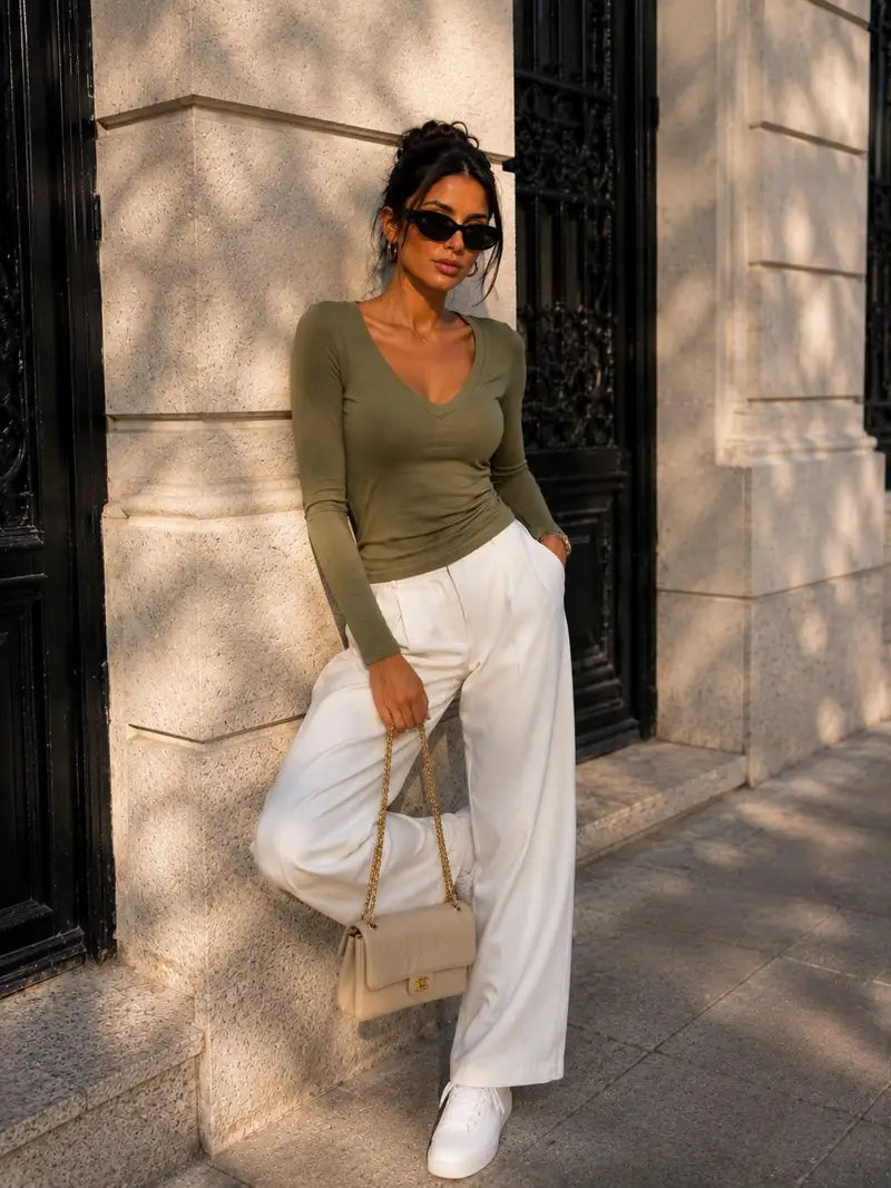 Noa V-hals longsleeve – Khaki, foto 3