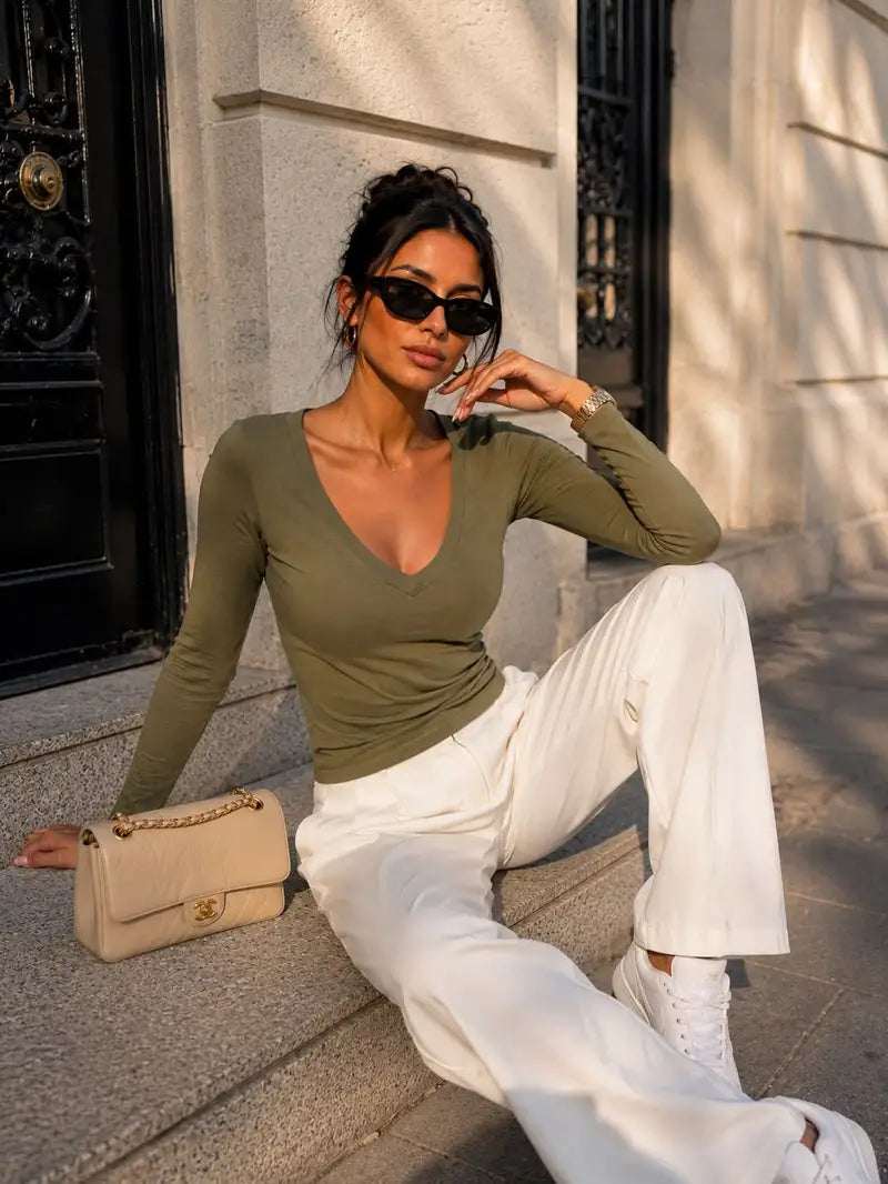 Noa V-hals longsleeve – Khaki, foto 2