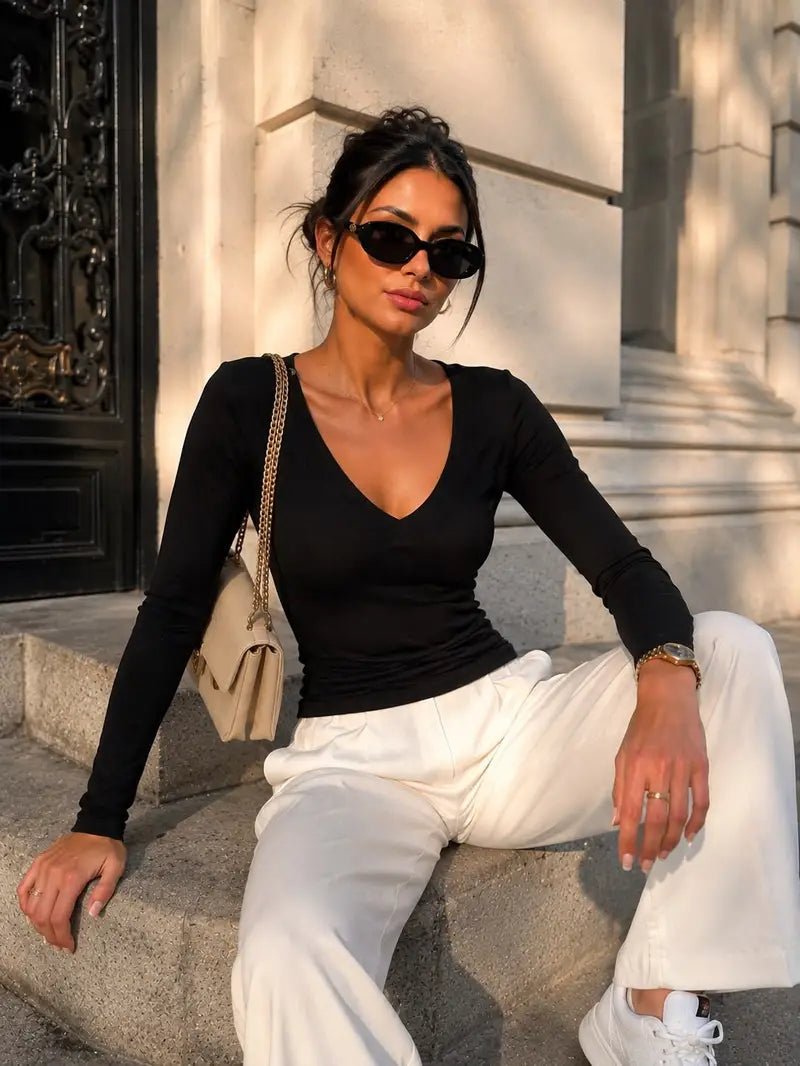 Noa V-hals longsleeve – Zwart, foto 2