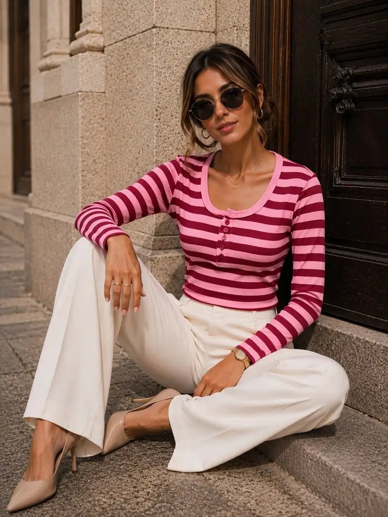 Romy gestreepte longsleeve – Bordeaux, foto 3