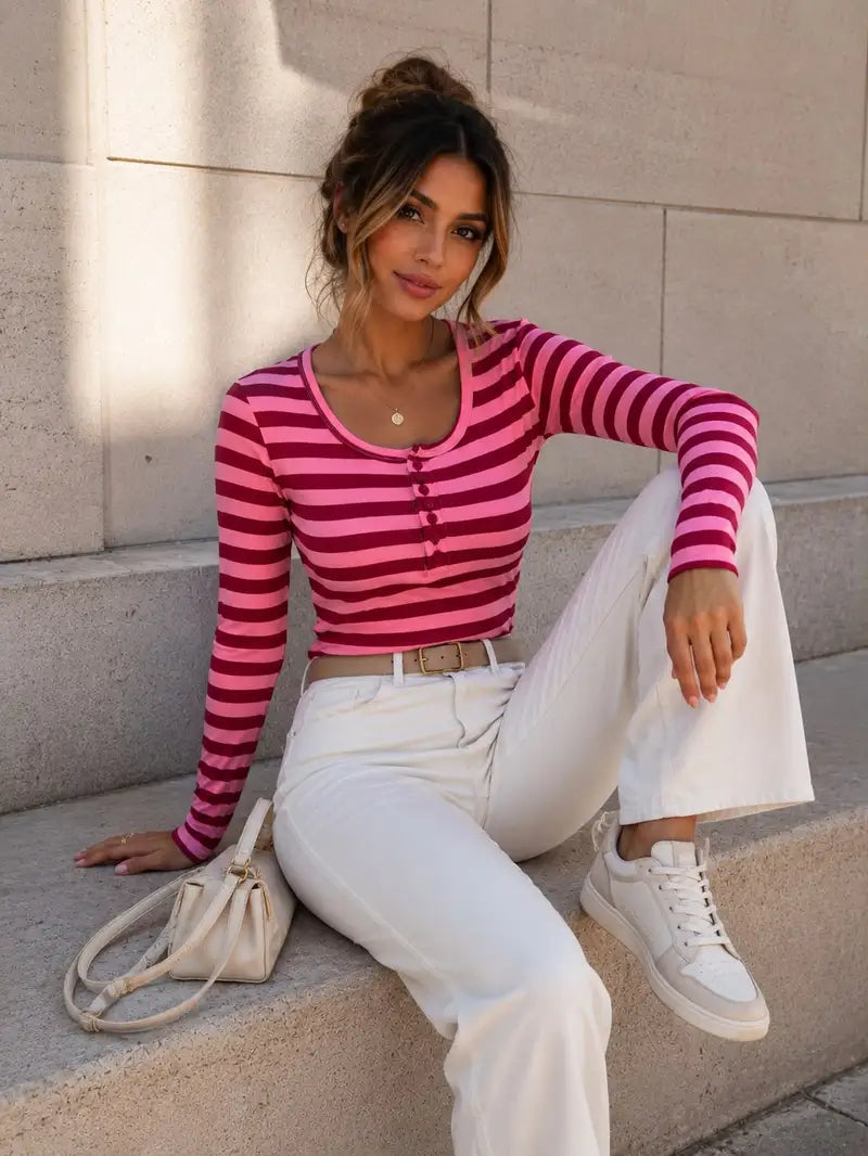 Romy gestreepte longsleeve – Bordeaux, foto 2