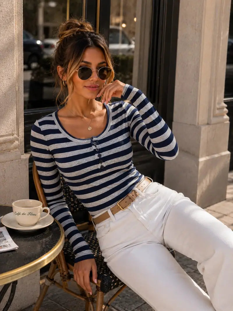 Romy gestreepte longsleeve – Marineblauw, foto 3
