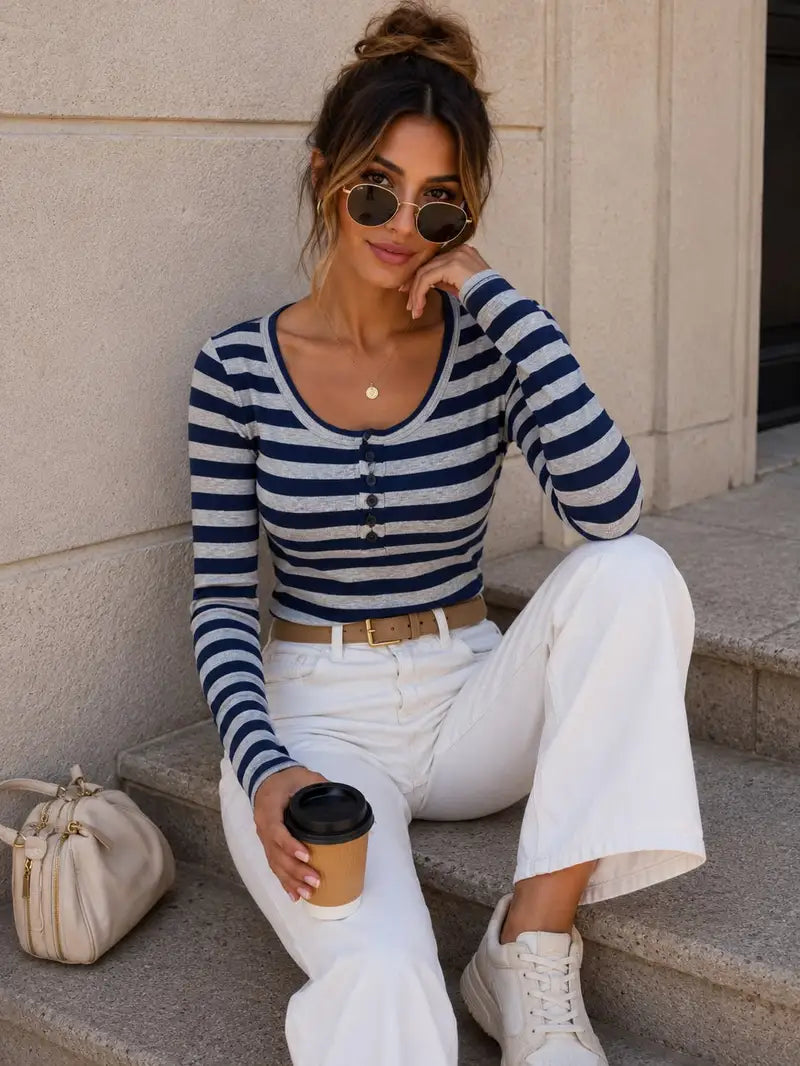 Romy gestreepte longsleeve – Marineblauw, foto 2