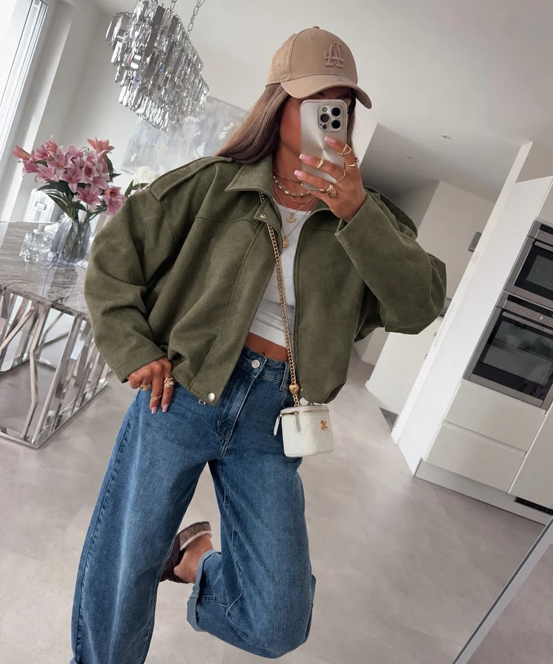 Liv suedelook bomber – Khaki, foto 1