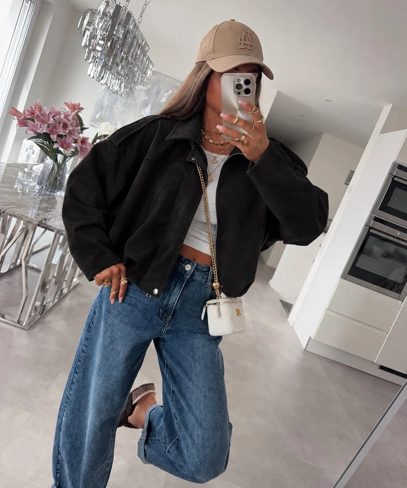 Liv suedelook bomber – Zwart, foto 1